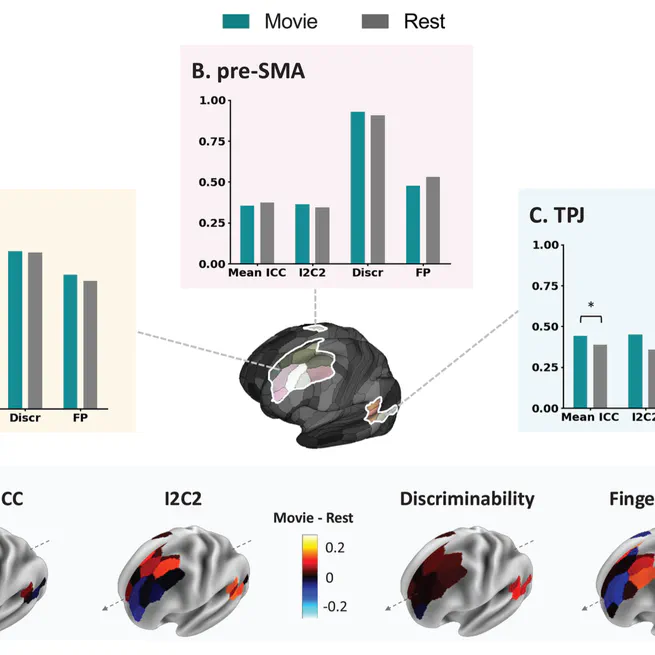 Comparing reliability-based measures of functional connectivity between movie and rest: an ROI-based approach